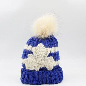 Handmade Hand Knit Small Maple Leafs Blue & White Merino Wool Hat with Pom Pom